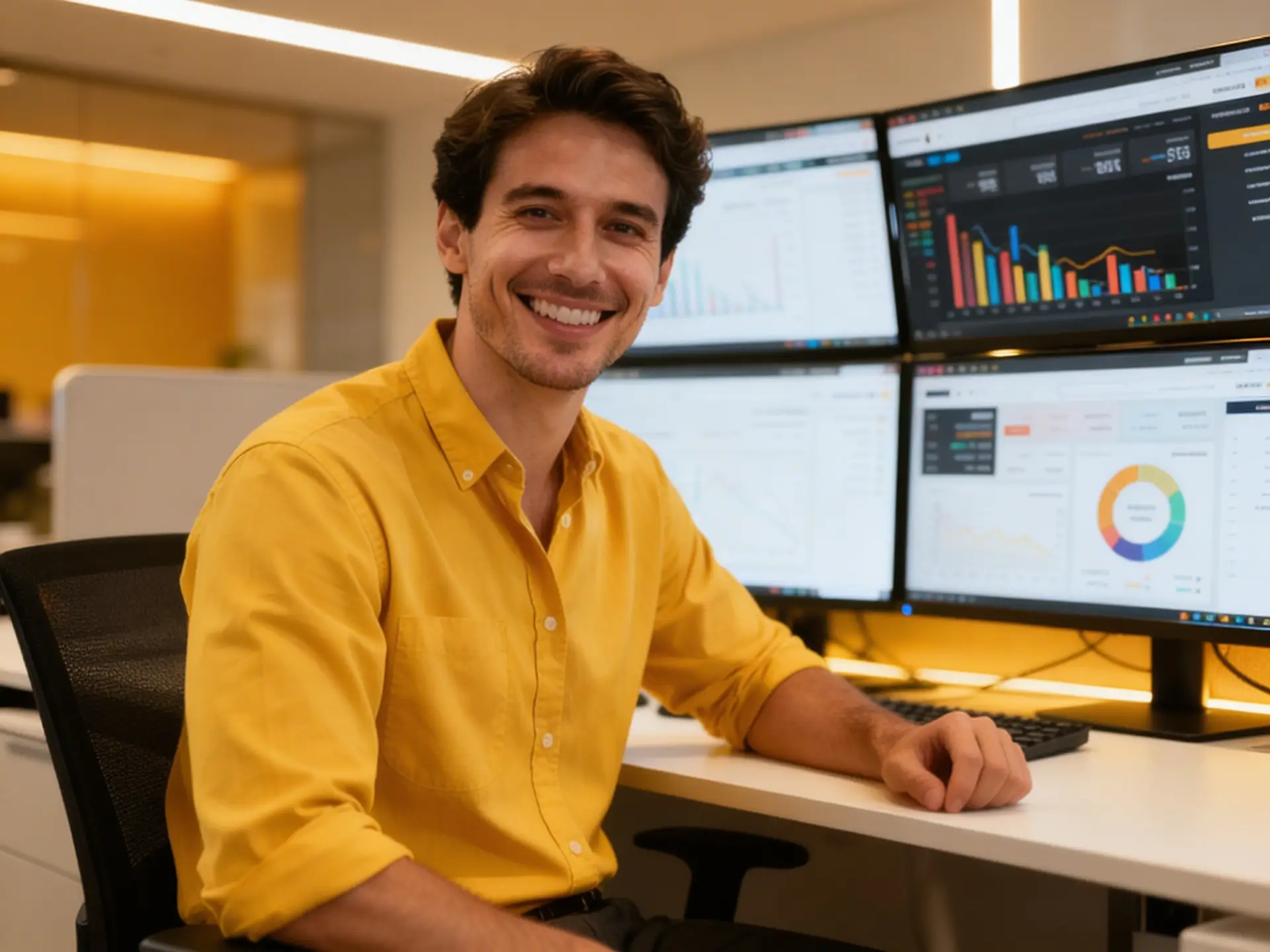 man smiling with computer screens behind him displaying data