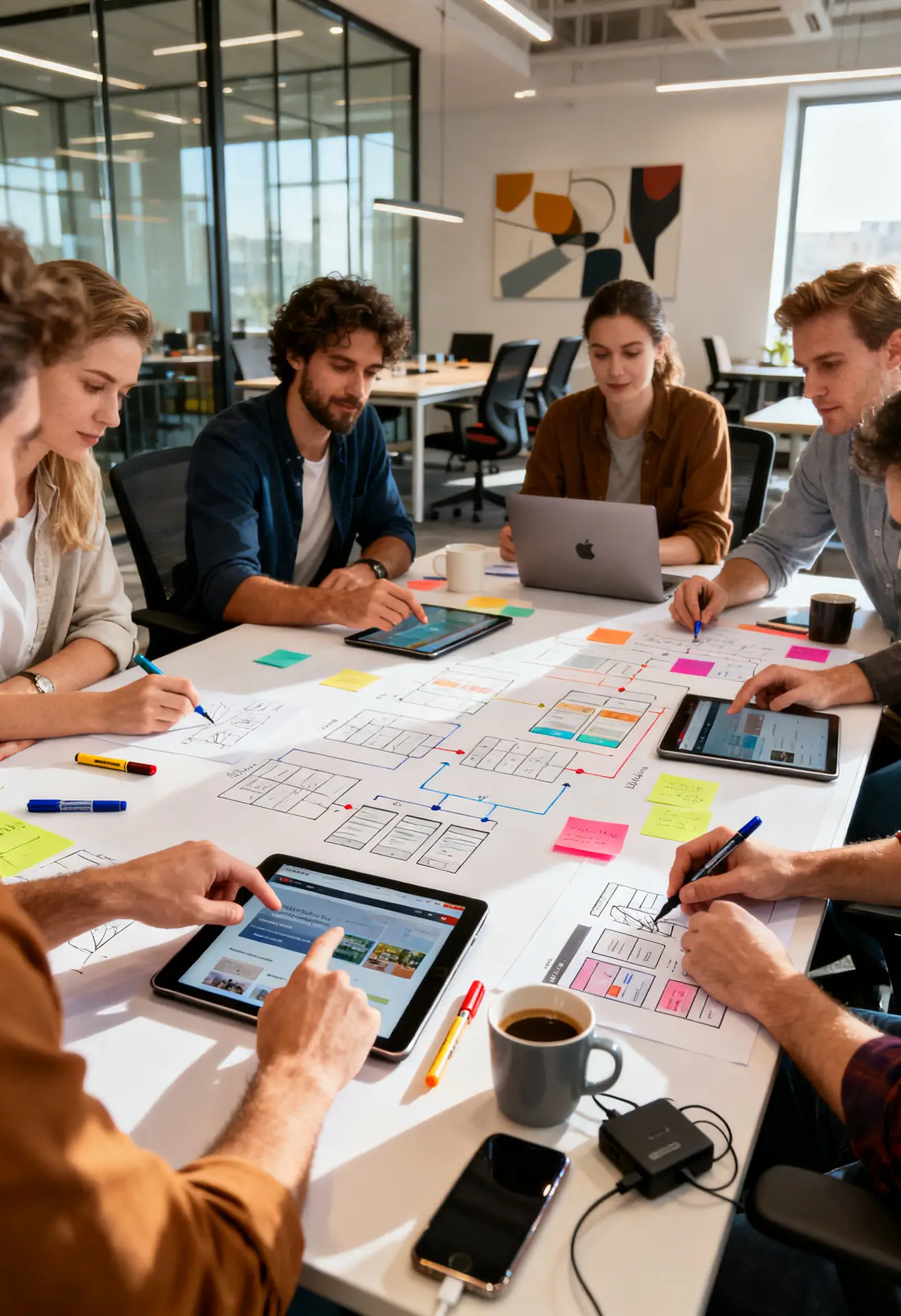 team of caucasian people strategizing in designing-a website modern office