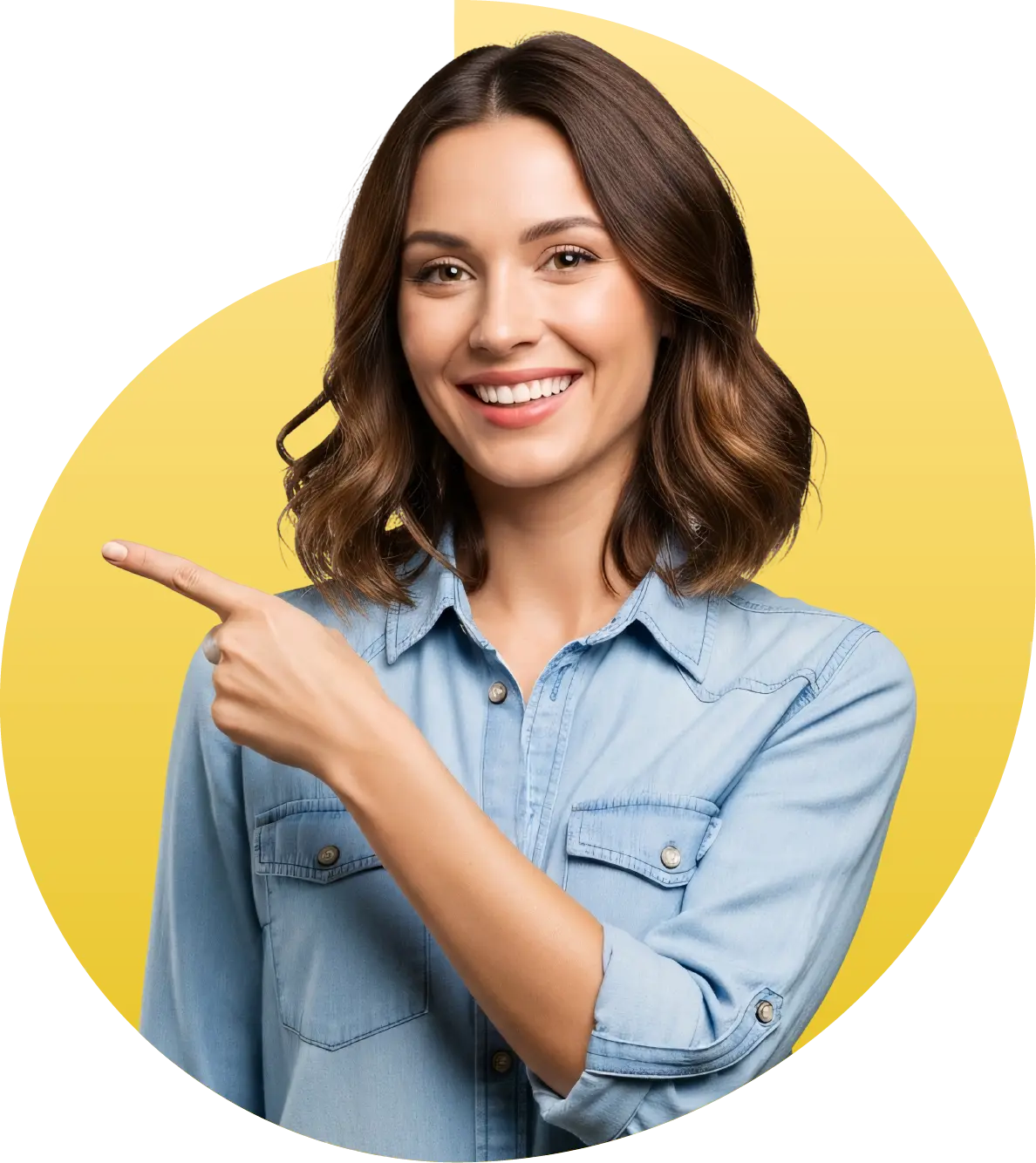 woman pointing with her index finger and smiling