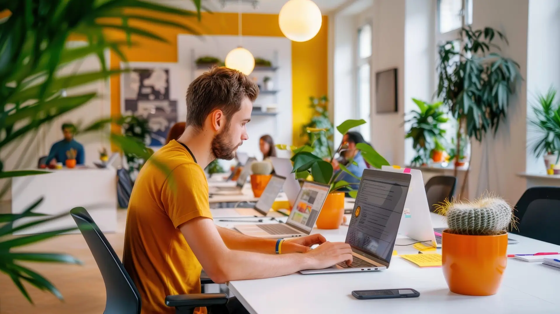 Busy Office with Employees Collaborating at Desks